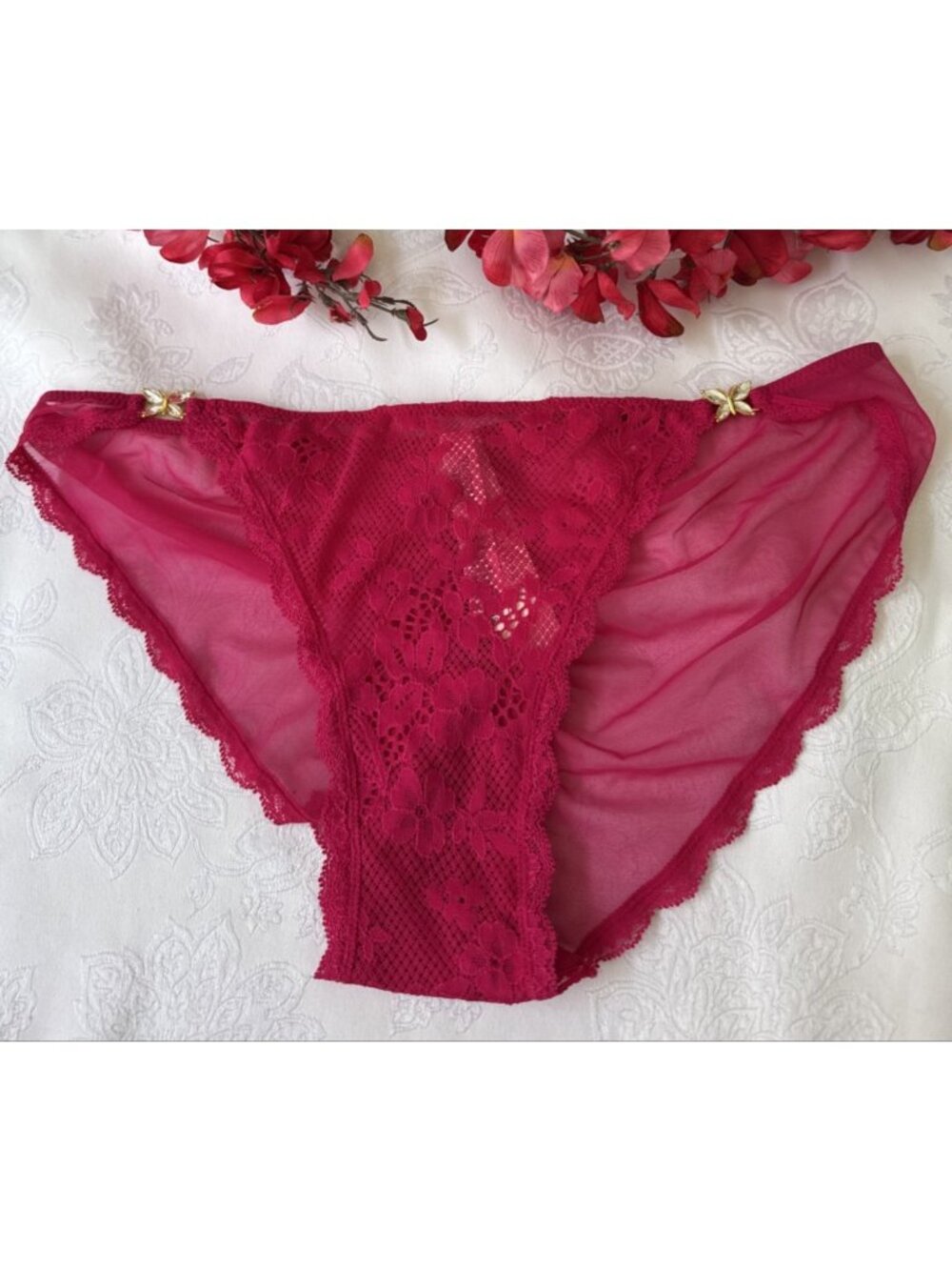 VICTORIA'S SECRET L DREAM ANGELS BUTTERFLY CHARM BLING RUCHED PINK PANTIES NWT
